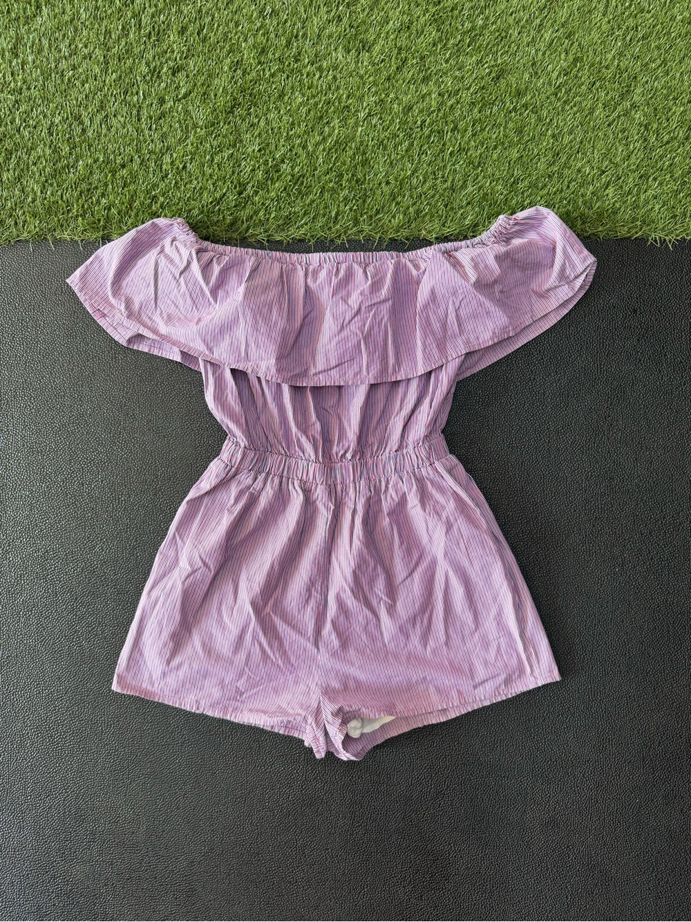 Lucca Pink Striped Off Shoulder Romper
